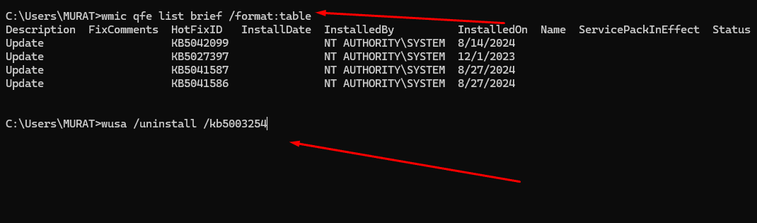 Windows güncelleştirmesini CMD komutu ile kaldırmak